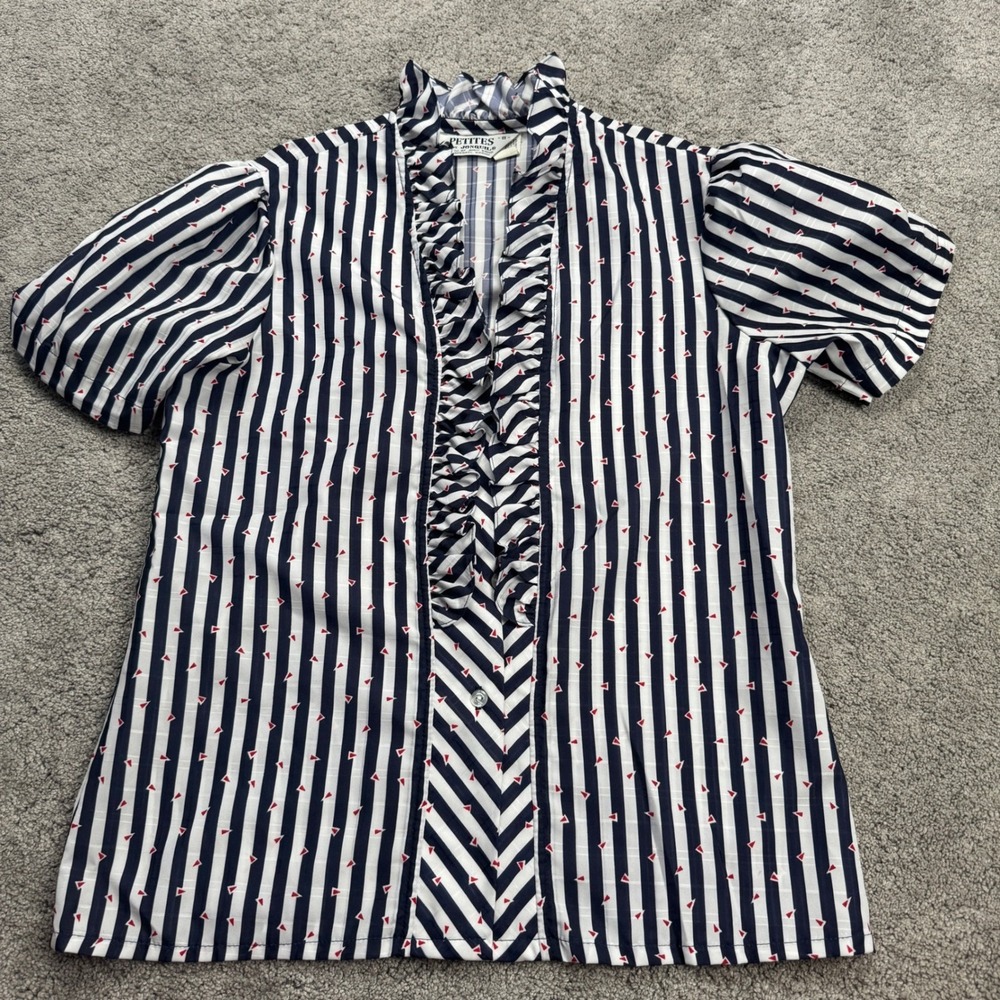 Vintage Judy Bond Petites Women's 8 Blouse Short Sleeve Ruffle Front Blue